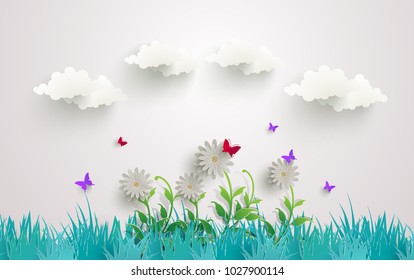 plant and flower illustrations. paper art design. there are butterflies. beautiful leaves and flowers