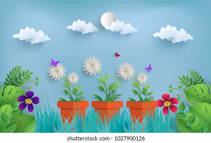 plant and flower illustrations. paper art design. there are butterflies