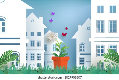 plant and flower illustrations. paper art design. there is a house and a blue sky