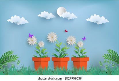 plant and flower illustrations. paper art design. there are butterflies