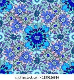 Plant flower nature wallpaper. Summer exotic floral abstract black, blue and violet background. Vector abstract seamless pattern.