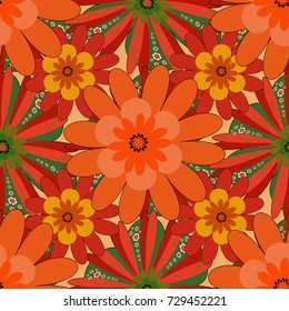 Plant flower nature wallpaper. Summer exotic floral abstract orange, green and red background. Vector abstract seamless pattern.