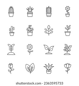 Plant and flower outline icon set vector illustration