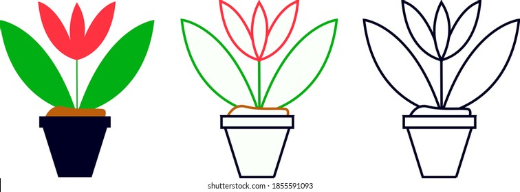 Plant in flower pot icon. Black Line, colourful libe  and colorful version. Different style icons set. Pixel perfect vector