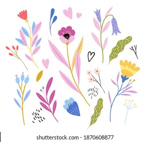 Plant and flower set for Valentine's day. Valentine's day greeting cards. postcards with flowers and hearts, pink flowers and twigs. graphic ornamental plants. greeting cards I love you, miss you