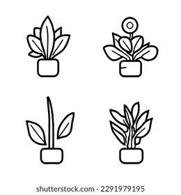 Plant Flower Vector Icon Set as Minimal Line Art Drawing EPS