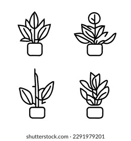 Plant Flower Vector Icon Set as Minimal Line Art Drawing EPS