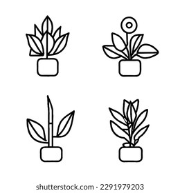 Plant Flower Vector Icon Set as Minimal Line Art Drawing EPS