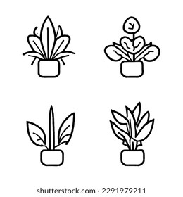 Plant Flower Vector Icon Set as Minimal Line Art Drawing EPS