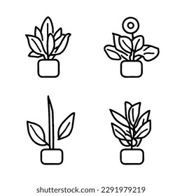 Plant Flower Vector Icon Set as Minimal Line Art Drawing EPS