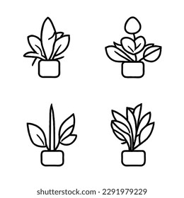 Plant Flower Vector Icon Set as Minimal Line Art Drawing EPS