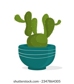 Plant in flowerpot concept. Cactus with needles in blue pot. Comfort and coziness. Interior and decor element for apartment. Cartoon flat vector illustration isolated on white background