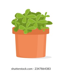 Plant in flowerpot concept. Gardening and agriculture, botany. Leaves and flowers in beige pot. Poster or banner for website. Cartoon flat vector illustration isolated on white background