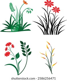 Plant , Flowers Flat icons Set ,  drawing of green grass and colorful spring flowers, isolated on a white background. Green grass and colorful spring flowers vector design. 