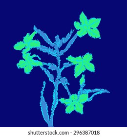 Plant with flowers, leaves, waves, ellipses, bud . Hand drawn.