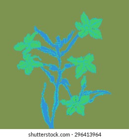 Plant with flowers, leaves, waves, ellipses, bud . Hand drawn.