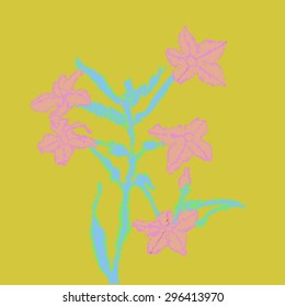 Plant with flowers, leaves, waves, ellipses, bud . Hand drawn.