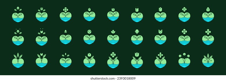 plant flowers lover heart collection botanical modern colorful icon set logo design vector illustration
