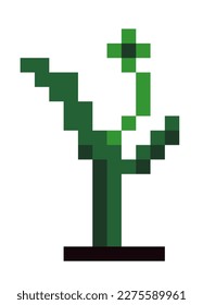 Plant with foliage and stem, leaves and bud. Pixel flora and botany for natural scene and setting, flower decor. Pixelated isolated icon for 8 bit video game, retro design. Vector in flat style