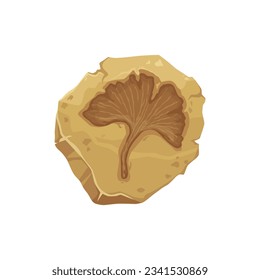 Planta fósil, antigua huella de hoja de ginkgo de piedra. Roca marrón de dibujos animados con silueta de follaje de árbol Jurásico de selva. Paleontología vectorial, temas de naturaleza prehistórica y flora, fósil de hojas de ginkgo