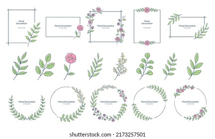 Plant frame. Set of design materials decorated with flowers and leaves. Floral illustration. Line drawing and painting.
