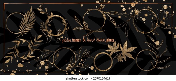 Plant frame with vector plants and grasses in gold style with gloss effects. Minimalist style of hand drawn plants. With leaves and organic shapes. Space for your own design.
