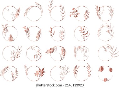 Plant frame with vector plants and grasses in rosegold style with gloss effects. Minimalist style of hand drawn plants. With leaves and organic shapes. Space for your own design.
