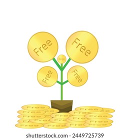 A plant of Free gold coins isolated on white background. Free symbol coin tree. Editable vector eps available