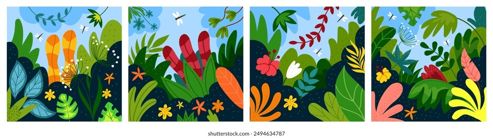 Plant garden background. Greenhouse, houseplant farm flower, agriculture. Nature decorative square cards, green leaves concept, vegetation exotic poster. Vector organic tidy cartoon cute illustration