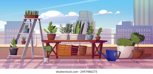 Jardín de plantas en el balcón de la casa urbana Vector de dibujos animados. Casa de veranda o azotea con maceta en el estante. Patio exterior exterior para invernadero y brote crecer hobby. Lindo moderno apartamento con vista al porche