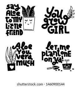 Plant and gardening jokes. Set of monochrome lettering quotes, isolated on white background. Card design, merchandise print.