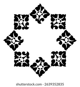 Plant geometry mandala frame. Vector stencils with abstract flower pattern. Black square flowers motifs on white background. Decorative floral design for laser cut