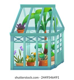 Plant in glass greenhouse garden isometric vector. Green glasshouse for agriculture nursery. Organic flower home with pot. Biotechnology equipment for palm seedling and cultivation cartoon design. svg