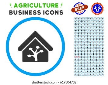 Plant Glasshouse rounded icon with agriculture business icon package. Vector illustration style is a flat iconic symbol inside a circle, blue and gray colors. Designed for web and software interfaces.