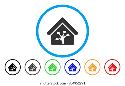 Plant Glasshouse vector rounded icon. Image style is a flat gray icon symbol inside a blue circle. Additional color versions are gray, black, blue, green, red, orange.