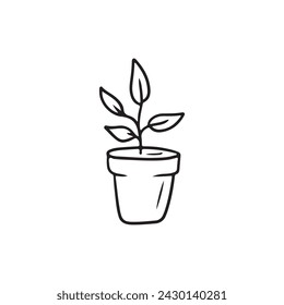 Plant glowing in ceramic pot as a symbol of ecology, earth clearing in black isolated on white. Hand drawn vector sketch illustration in doodle style. Concept of breathing, ecology friendly