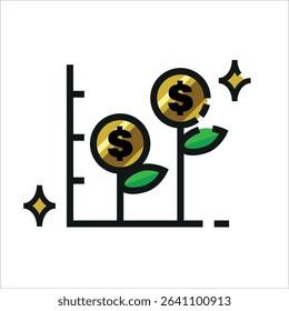 Plant with gold dollar coins arranged as flowers, suitable for financial concepts, investment, savings, prosperity, and money growth illustrations and designs.