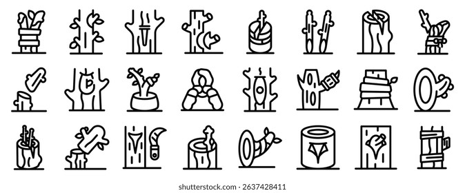 Plant grafting icons set. Icons depict various tree and shrub care activities, including planting, cutting, grafting, trimming, and utilizing bamboo and wood logs