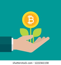 Plant in with green leaves and bitcoin as a flower in hand. Vector flat illustration on blue. Give, receive, take, earn. Financial success, investment, dividend. Crypto currency, virtual, internet