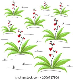 plant with green leaves and heart-flowers, simple fantasy, magical landscape on a white background, wonderful mysterious forest, glade, field, Freehand drawing vector. 

