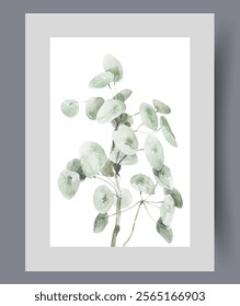 Plant with green petals growing in swampy regions or along river banks on wall art. Watercolor artwork. Print with green plant with many leaves in shape of water lilies, in frame with decor for poster