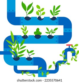 Plant grow in agriculture pipe for water, vector illustration. Vegetable sprout in hydroponics gardening system, growing root by soil.