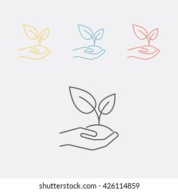 Plant, grower, herb, seedling, sapling on the hand thin line icon. Vector illustration. 