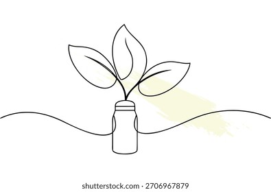 Planta que crece de una botella en línea continua dibujando estilo Vector