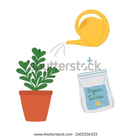 Plant growing and care process in pot in flat cartoon design. Watering green stem, and adding organic fertilizer food into soil container. Gardening and farming instruction. Vector illustration