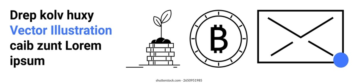 Planta crescendo a partir de moedas, símbolo Bitcoin, envelope com ponto de notificação. Ideal para finanças, criptomoeda, investimento, progresso, tecnologia, comunicação, temas digitais Landing page