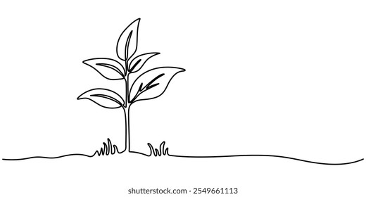  Dibujo de arte de una línea continuo de crecimiento de plantas de árbol Ilustración vectorial de contorno de plantas. Ilustración de línea continua de brotes, dibujo de una sola línea de una planta, Planta de crecimiento continuo de una línea de arte