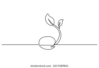 Plant growing continuous one line art drawing of tree plant outline vector illustration. Sprout single line art illustration, continuous line growing sprout. Hand drawn doodle line art plant.