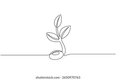 Plant growing continuous one line art drawing of tree plant outline vector illustration, Sprout Continuous Line Illustration, Single line drawing of a plant, Transparent background.