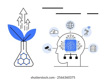 A plant growing in a flask, symbolizing biotechnology and growth, next to a human head graphic with microchips, connecting to icons like the globe and wireless to denote AI. Ideal for science